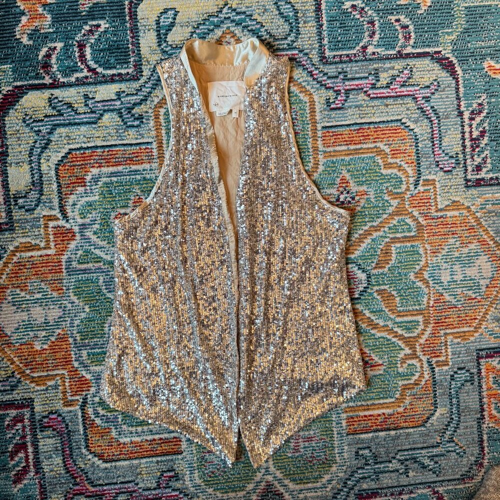 Anthropologie Silver Sequin and Beige Silky Vest Size XS